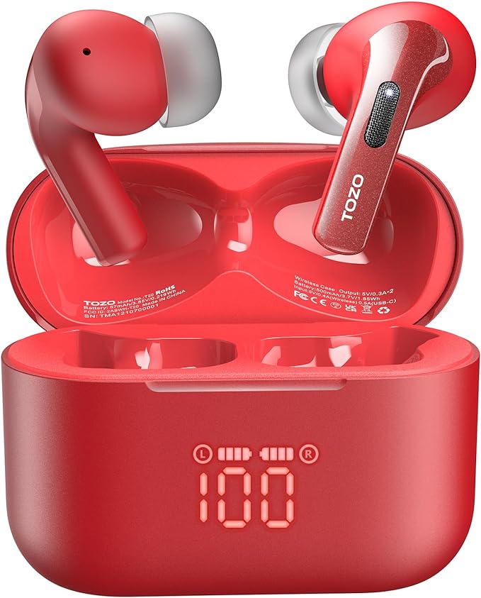 TOZO T20 Wireless Earbuds Bluetooth Headphones 48.5 Hrs Playtime with LED Digital Display, IPX8 Waterproof, Dual Mic Call Noise Cancelling 10mm Broad Range Speakers with Wireless Charging Case Red