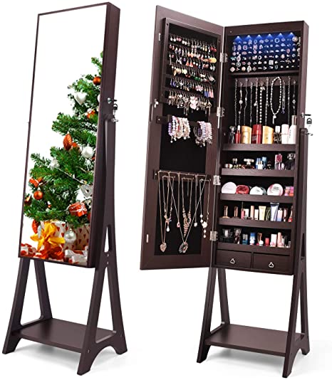 TUSY LED Mirror Jewelry Cabinet Lockable Full Mirror Jewelry Organizer, Large Capacity Standing Mirror with Jewelry Storage Armoire, Brown