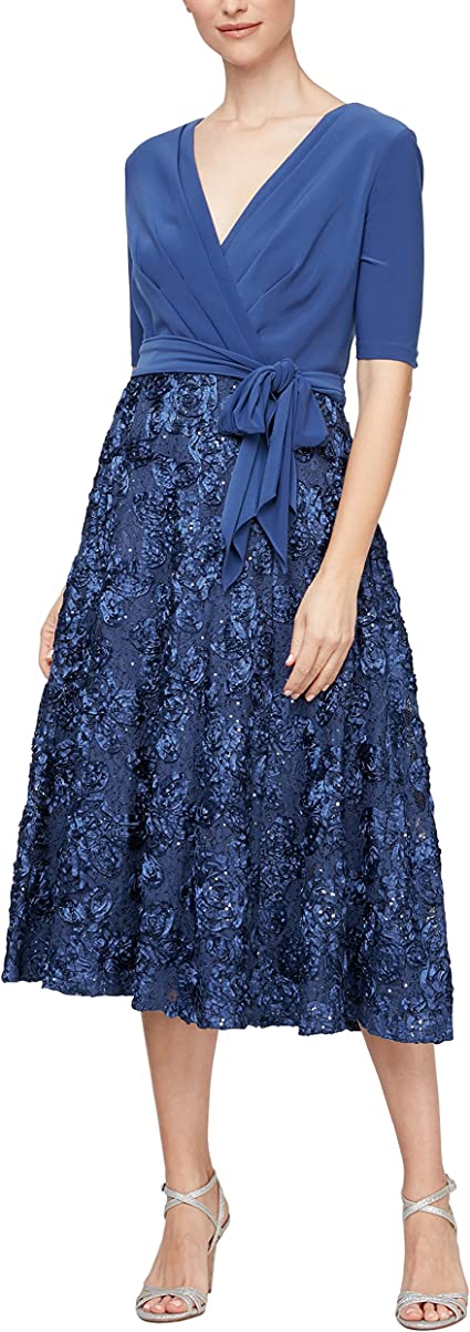 Alex Evenings Women's Tea Length Jersey and Rosette Lace Dress (Petite and Regular)