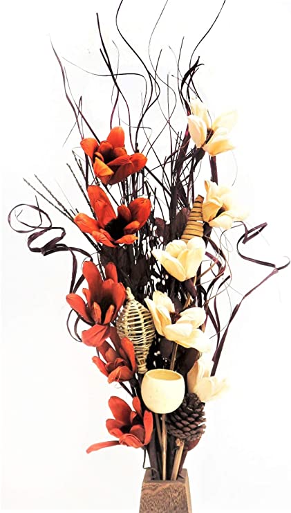 85cm Tall cream chocolate Exotic Floral Arrangement of Organic Handmade Flowers and Indian Dried Grasses. FREE Wooden Vase 27 cm tall.