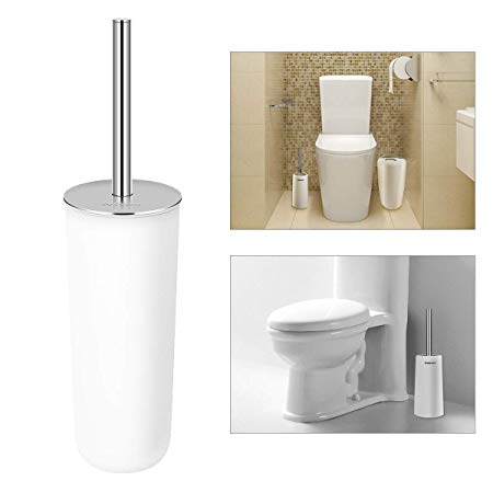 PIXNOR Toilet Brush with Holder in Attractive Modern Design Stainless Steel 15 Inch Handle. Soft, Dense, Long Bristles Clean Easily (White)