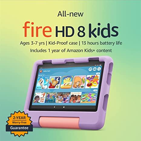 All-new Fire HD 8 Kids tablet, 8" HD display, ages 3-7, includes 2-year worry-free guarantee, Kid-Proof Case, 32 GB, (2022 release), Purple