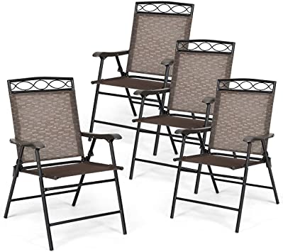 Giantex Set of 4 Patio Folding Chairs, Outdoor Dining Chairs for Camping, Beach, Backyard, Deck Portable Dining Chair w/Armrest and Metal Frame, 4-Pack Patio Chairs (Brown)