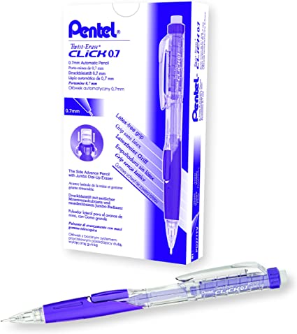 Pentel Twist Erase CLICK Mechanical Pencil, 0.7mm, Clear Barrel, Violet Grip, Box of 12 (PD277TV)