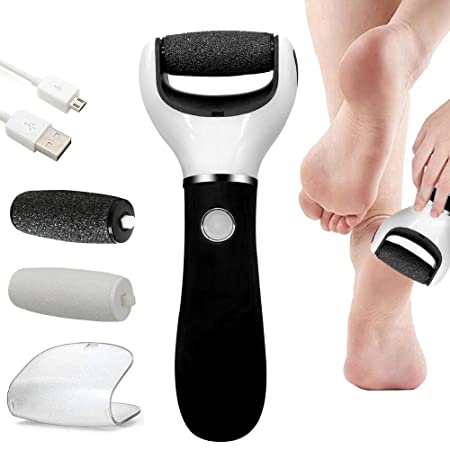 BOMPOW Foot Scrubber Callus Remover Rechargeable Foot File Hard Skin Remover Pedicure Tools for Feet Electronic Callus Shaver Pedicure kit for Cracked Heels and Dead Skin with 2 Roller Heads, Black