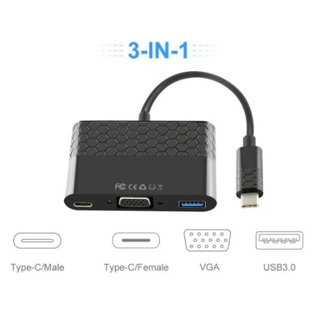Type C AdapterProCIV 3-in-1 Type C Male USB 31 to VGA and USB 30 and Type C Female Adapter Converter Supports FHD 1080P for New Macbook 2015 12 inch Chromebook Pixel and other USB-C Devices