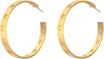 Tory Burch Pierced T Logo Hoop Earrings 16k Shiny Gold Plated 6196