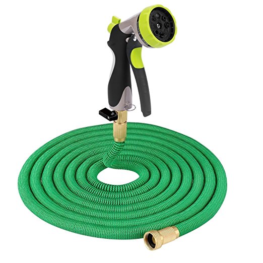 100ft Green Premium Stronges Expanding Graden Hose Flexible Expandable Stretch Hosepipe with 8-pattern Nozzle Hand Sprayer for Watering Garden Washing Cars Pets Playing Game with Children