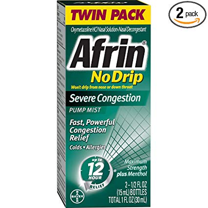 Afrin No Drip Severe Congestion Pump Nasal Mist Twin Pack, 0.50 Fluid Ounce, Pack of 2