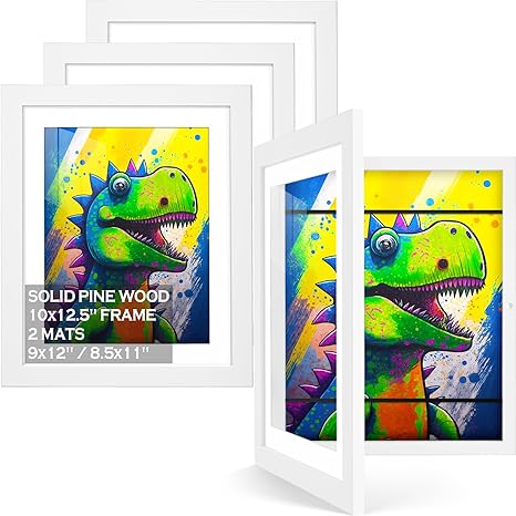 4 Packs 10x12.5 Kids Art Frames in White- Kids Artwork Frames Changeable Front Opening 8.5x11 or 9x12 with Mat, Childrens Art Project Frames Storage Art Display For Kids Drawing,3D Picture,Schoolwork