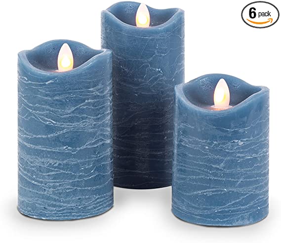 Set of Three 3 Blue LED Pillar Candles with Aurora Flame and Remote Control