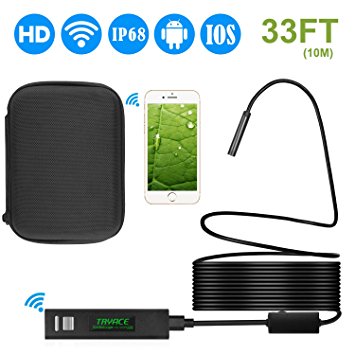 Wireless Endoscope With Case, Tryace 8mm Digital Wifi Endoscope Camera 2.0MP 1200P Borescope Inspection Camera Snake Camera with 10M Cable for ISO and Android, iPhone, Samsung, Tablet - Black(33FT)