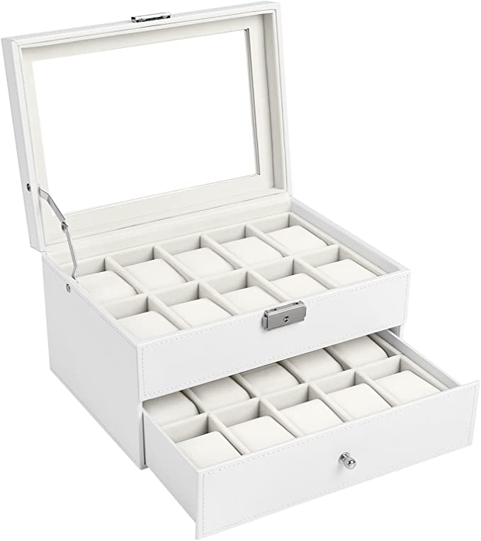 SONGMICS Faux Leather 2 Layers Lockable White Watch Display Storage Box for 20 Watches JWB201