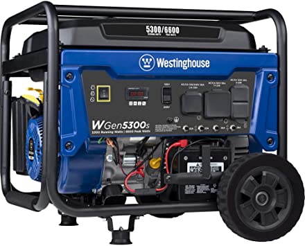 Westinghouse WGen5300s Storm Portable Generator with Electric Start and 120/240 Volt Selector 5300 Rated 6600 Peak Watts Gas Powered, CARB Compliant, RV and Transfer Switch Ready