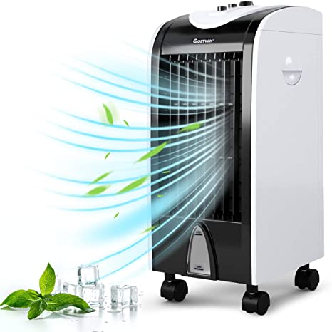 COSTWAY Evaporative Cooler, 3-in-1 Portable Air Cooling, Fan, and Humidifier with 3 Speeds, Bladeless Air Cooler Built-in Handle, 4 Wheels and 2 Ice Box for Indoor, Home, Office, Dorm