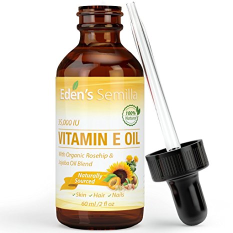 100% Natural Vitamin E Oil 35,000 IU + Organic Rosehip & Jojoba Blend - 60ml Bottle. FAST Absorbing Skin Protection For Face & Body. Pure Ingredients - Ideal For Sensitive Skin - Use Daily