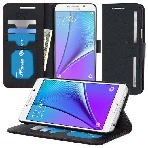 Galaxy Note 5 Case, Note 5 Wallet Case, rooCASE Prestige Folio Premium Synthetic Leather Wallet Stand Flip Case Cover (Stand, Credit Card, ID Holder, Slim Fit] - For Samsung Galaxy Note 5 - Black