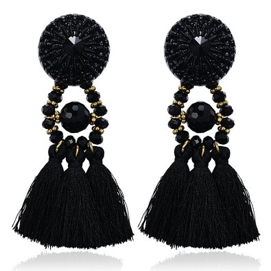 eManco Handcrafted Black Crystal Resin Tassel Statement Big Drop Dangle Stud Long Earrings for Women