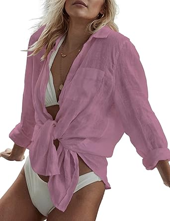 Bsubseach Women Long Sleeve Beach Shirt Blouses Bathing Suit Cover Up Button Down Collar