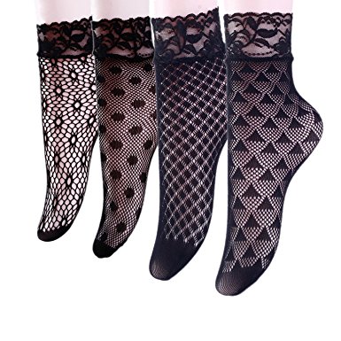 4 Pairs Women's Lace Fishnet Sheer Ankle Dress Socks - Stylish Black