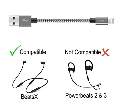 Portable Easy-to-Carry Short USB Charge Power Cable Cord for BeatsX Wireless In-Ear Headphones and iPhone X, 8, 8 Plus, 7, 7 Plus, 6s Plus, 6s: Great with Powerbanks (Silver-Black)