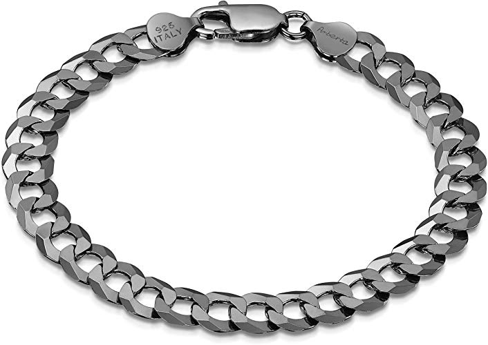 Amberta Plated on 925 Sterling Silver Bracelet - Various Styles - 8 mm Thick - Flat Cuban Curb Chain for Men - Length 8 Inch