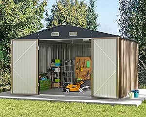 Greesum Metal Outdoor Storage Shed 10FT x 8FT, Steel Utility Tool Shed Storage House with Door & Lock, Metal Sheds Outdoor Storage for Backyard Garden Patio Lawn (10' x 8'), Brown