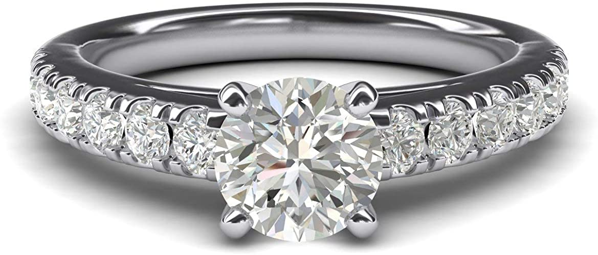 Women's Sterling Silver 1CT Classic 4-Prong Simulated Round Cut Diamond Solitaire Engagement Ring Large Side Stones