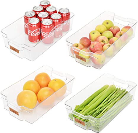 StorageWorks Stackable X-Large Refrigerator Organizer Bins, Plastic Storage Bins with Handles for Kitchen and Fridge, Clear Pantry Organizer Bins, BPA-Free, 14.5" L X 8.5" W X 4" H, 4-Pack