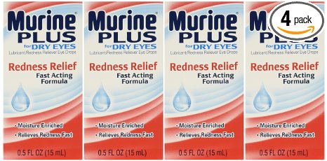 Murine Plus For Dry Eyes, Redness Relief Fast Acting Formula for Normal Clear Vision, 0.5 fl oz (15 ml)  (Pack of 4)