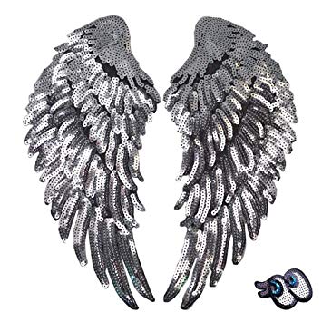 LoveInUSA 1 Pair Silver Sequins Angel Wings Iron On Patch DIY Embroidered Applique Bling Wings for Jackets Cloth Decoration Valentine's Day Gifts (Sequin Eye for Free)