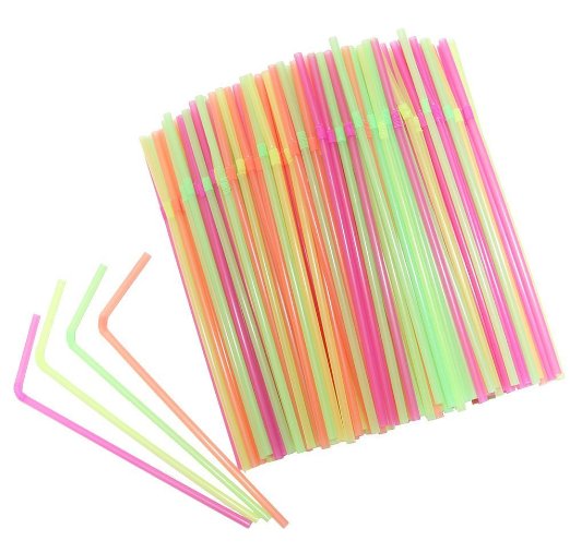 Chefland Disposable Drinking Straws 400 Count, Neon Colored, Flexible Straws for Kids, Party Straws