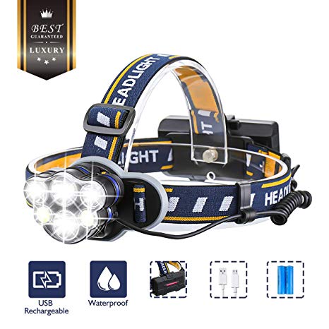 Headlamp Flashlight,6 Head Lamps USB Brightest Rechargeable Headlight Waterproof 8 Modes for Outdoor Camping