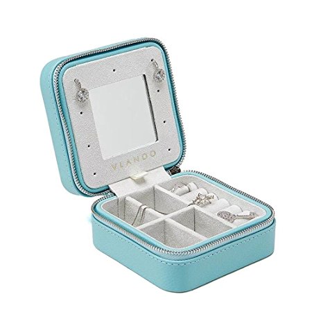 Vlando Small Travel Jewelry Box Organizer - Refined Carry-on Jewelries Storage Case for Rings Earrings Necklace (Blue - w/Mirror)
