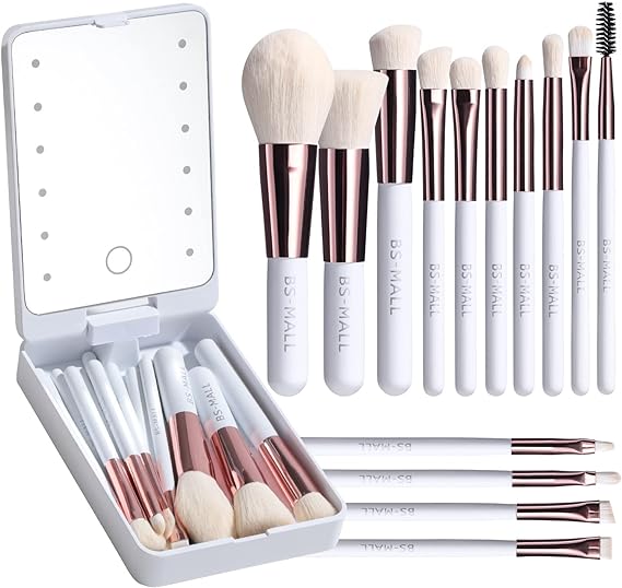 BS-MALL Travel Makeup Brush Set Foundation Powder Concealers Eye Shadows Makeup Set with LED light Mirror 14 Pcs (White)