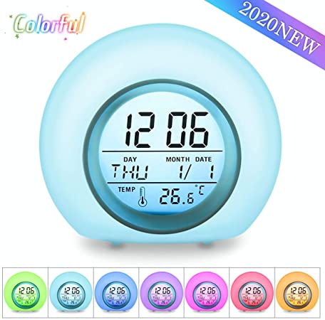 OUTERDO Kids Alarm Clock, Children's Light Alarm Clock for Bedrooms, 7 Color Changing Bedside Clock for Boys Girls,with Indoor Temperature, Touch Control and Snoozing(Blue)