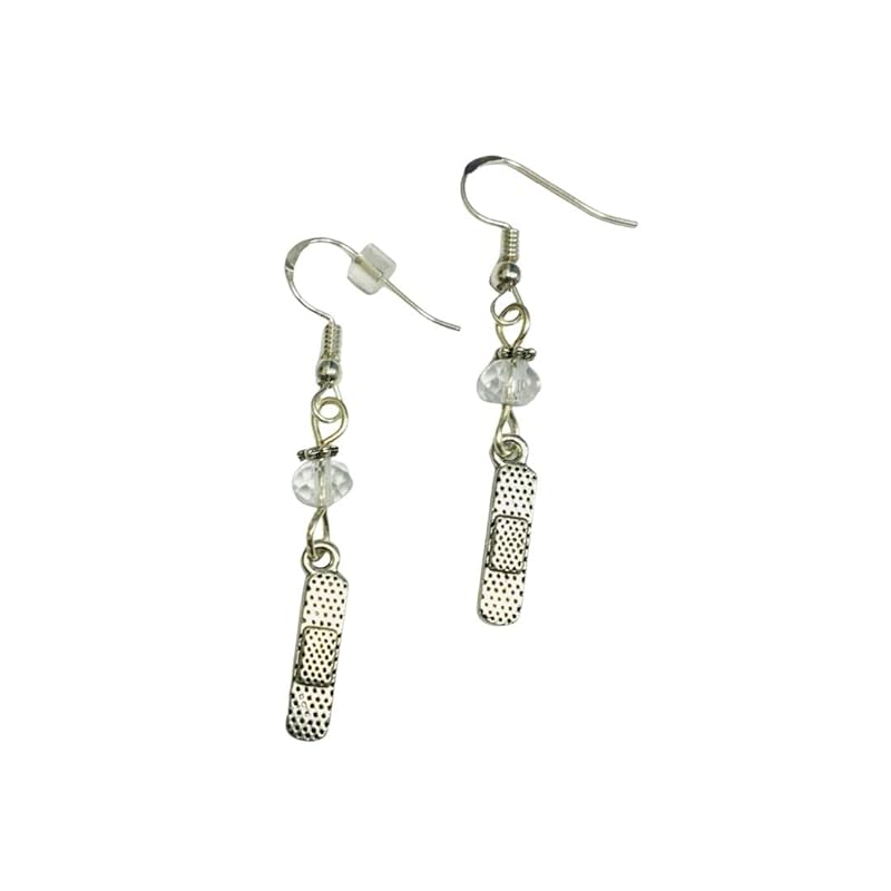 Bandaid Charm Earrings, medical nurse doctor, accented with clear faceted crystal accent bead, on sterling silver earwires