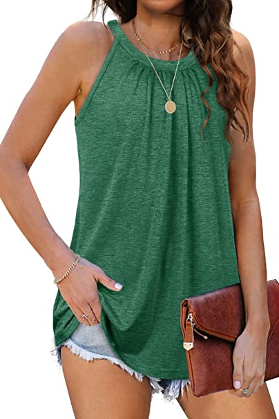 Sieanear Tank Top for Women Summer Halter Tops Pleated Sleeveless Cami Shirts