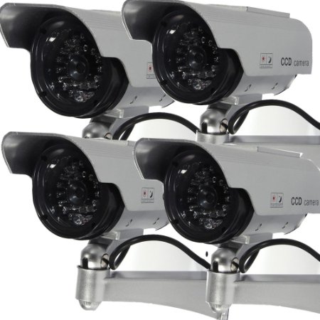 Masione 4 Pack Solar Powered Fake Dummy Security Camera with Blinking LED Light