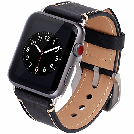 Apple Watch Band, 42mm iWatch Band Strap Premium Vintage Genuine Leather Replacement Watchband with Secure Metal Clasp Buckle for Apple Watch Sport Edition (42 Black, 42mm)