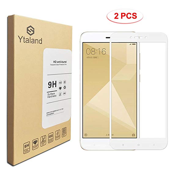 [2 Pack] Ytaland Tempered Glass for Xiaomi Redmi 4X 5.0Inch, Full Covered Anti-Fingerprints Thin 9H Hardness Screen Protector for Xiaomi Redmi 4X (White)