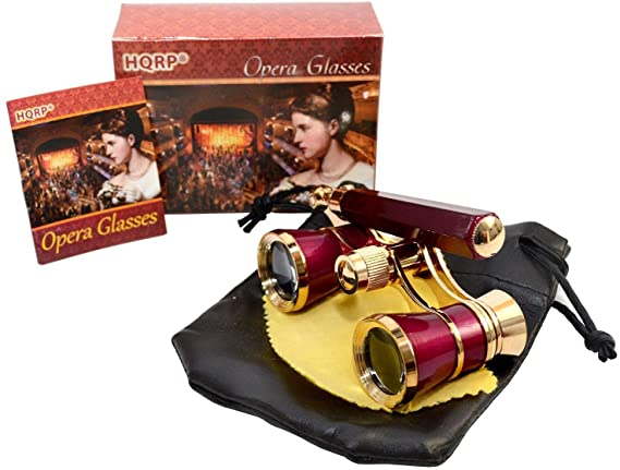 HQRP New Generation Opera Glasses Binocular 3 x 25 w/Crystal Clear Optic (CCO) & Built-in Extendable Handle/Burgundy with Gold Trim