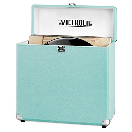 Victrola Vintage Vinyl Record Storage Carrying Case For 30  Records (Dust / Scratch Free) (Aqua Turquoise)