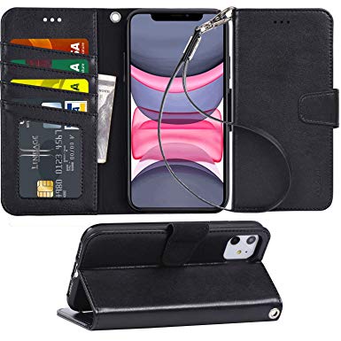iPhone 11 case, Arae PU Leather Wallet case [Stand Feature] with Wrist Strap and [4-Slots] ID&Credit Cards Pocket for iPhone 11 6.1 inch 2019 Released - Black