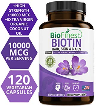 Biofinest Biotin (Vitamin B7) Supplement - with Extra Virgin Organic Coconut Oil - High Potency for Hair Growth, Skin & Nails Care, Healthy Immune System - 10,000mcg (120 Vegetarian Liquid Capsules)