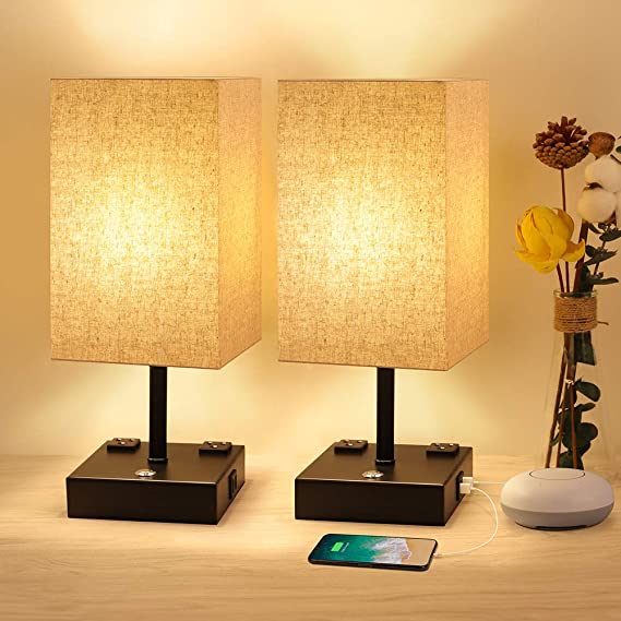 USB Table Lamp 3 Way Dimmable Bedside Lamp with USB Port and Outlet Nightstand Lamps Square Fabric Shade Metal Base Table Lamps for Bedrooms Living Room Touch Lamps for Bedrooms 2 Pack Bedroom Lights
