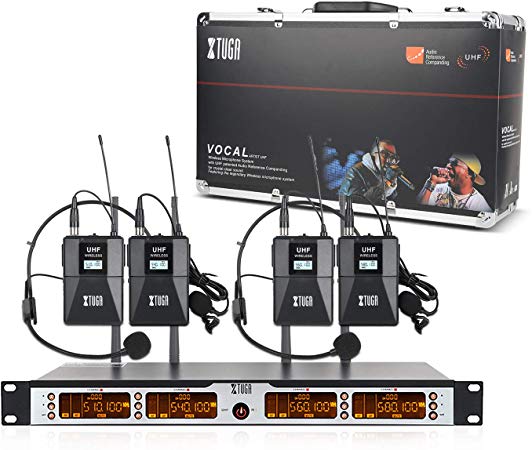 XTUGA SKM4000PLUS 4 x100 Channel UHF Wireless Bodypack Microphone System with Selectable Frequencies Prevent Interference, Use for Family Party, Church, Small Karaoke Night (Range:200-320Ft)
