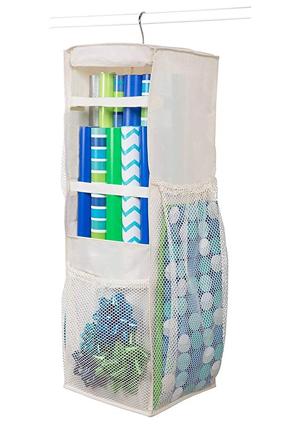 Hanging Wrapping Paper Storage - Holds Up to 20 Rolls, 360 Swivel & Extra Durable Gift Wrap Organizer Bag with Side Bin Pockets for All of Your Birthday, Holiday (Ivory) 32” x 11” x 10”