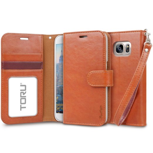 Galaxy S7 Case, TORU [Prestizio Wallet] S7 Wallet Case with [CARD SLOT][ID HOLDER][KICKSTAND][WRIST STRAP] - Premium Wristlet Leather Flip Cover for Samsung Galaxy S 7 - Brown