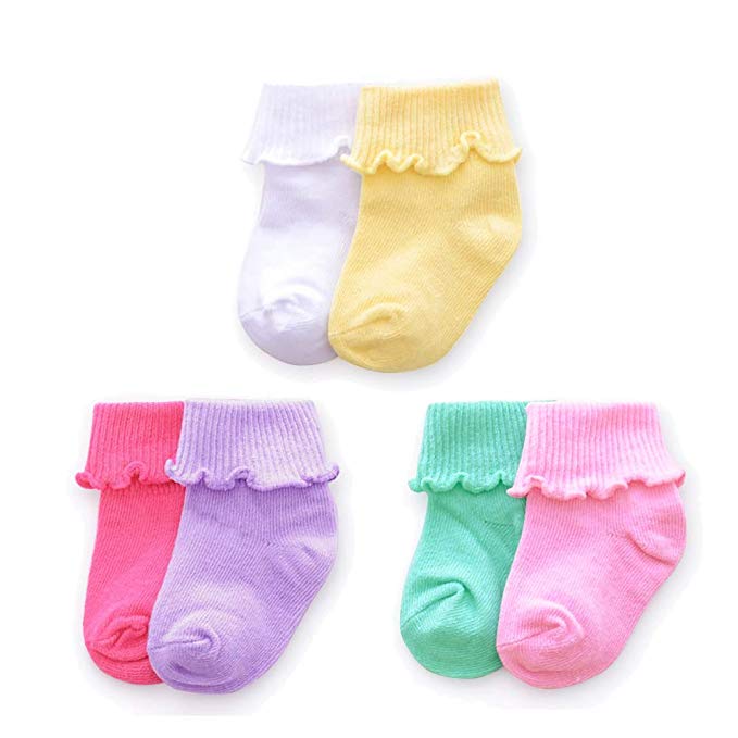 CozyWay Baby Girls Socks 6/12 Pack Ruffle Ripple Edge Turn Cuff Socks Infant Ankle Socks